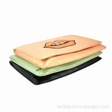 PU Clutch Bag with Big Mouth Embroidered Logo, Customized Logos, Designs Welcomed